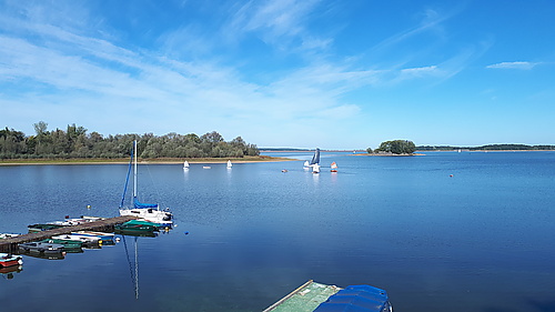 Segelanfänger üben im Optimist auf der Talsperre Bautzen